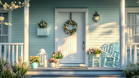 A picturesque front porch featuring stylish furniture, vibrant flowers, and a charming wreath. This serene setting captures the essence of springtime tranquility and home warmth.の素材