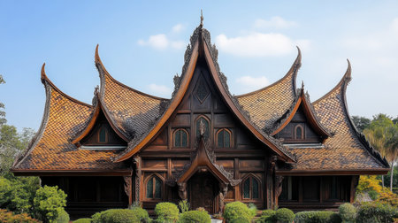 Captivating traditional Asian architecture showcasing ornate wooden structure and intricate roof designs, surrounded by lush greenery and a clear blue sky.の素材