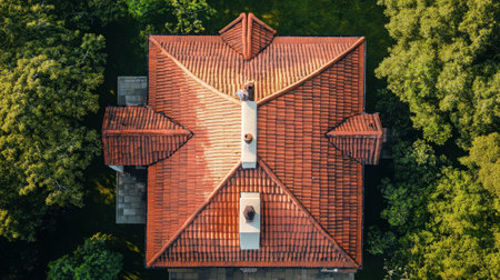 This stunning aerial view showcases a traditional house with a terracotta roof, surrounded by lush greenery. The symmetry and design highlight a serene environment.の素材
