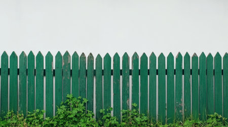 This image features a green wooden fence standing against a white wall, complemented by lush green grass at the base, creating a serene outdoor scene.の素材