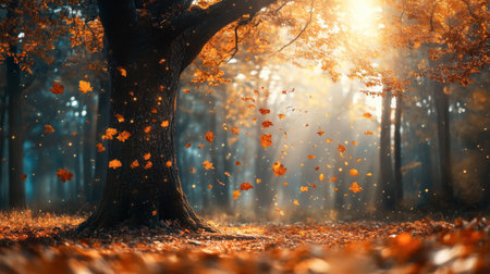 A captivating autumn scene showcasing a majestic tree surrounded by falling leaves, bathed in the soft morning light, evoking tranquility and beauty.の素材