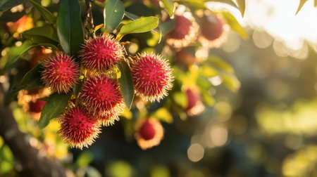 A stunning close-up of vibrant red spiky fruit nestled among lush green leaves, capturing the essence of nature's beauty and agricultural bounty.の素材