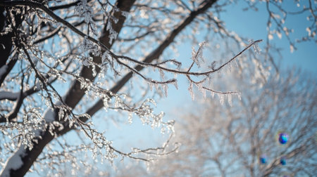 Frost-covered branches adorned with icicles catch the bright winter sunlight, creating a stunning winter scene filled with nature's beauty and tranquility.の素材