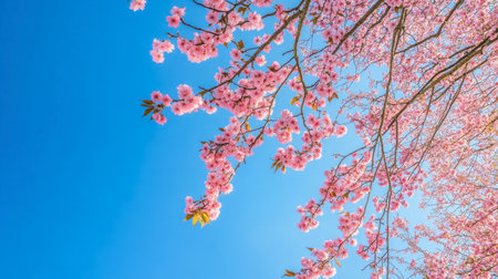A stunning view of delicate pink cherry blossoms under a clear blue sky. This vibrant spring scene captures the essence of nature's beauty and tranquility.の素材