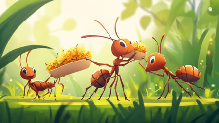 This lively illustration showcases ants working together in a green forest, joyfully carrying food. It highlights nature's teamwork and vibrant colors, creating a cheerful scene.の素材