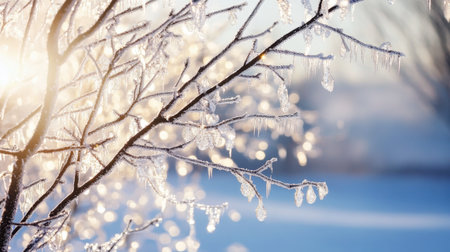 A stunning winter scene featuring frosty branches adorned with sparkling icicles, illuminated by warm sunlight, creating a serene and tranquil atmosphere.の素材