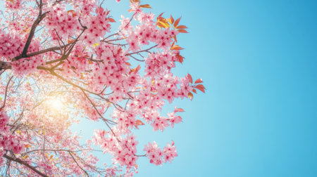 A stunning branch of bright pink cherry blossoms blooms against a clear blue sky, capturing the essence of spring and the beauty of nature. Ideal for nature-themed projects.の素材