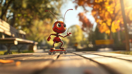 A vibrant cartoon ant happily roller skating along a sunlit pathway in a picturesque autumn park setting. The cheerful character adds a whimsical touch to the scene.の素材