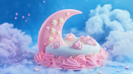 A delightful pink moon cake adorned with creamy swirls and small stars. This whimsical dessert brings joy to any celebration with its dreamy appearance.の素材