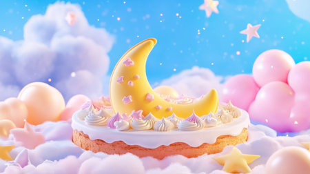 A whimsical moon-themed cake rests among soft clouds and twinkling stars, creating a dreamy scene perfect for celebrations and artistic inspiration.の素材