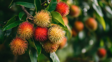 A vibrant image of colorful tropical fruits on tree branches surrounded by lush greenery. Perfect for showcasing natural beauty and organic growth.の素材