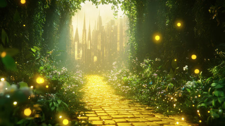 A stunning enchanted pathway leads through vibrant foliage to a mystical cityscape, illuminated by soft light and surrounded by colorful flowers, creating a dreamlike atmosphere.の素材