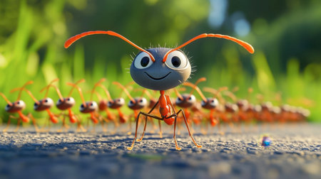 A cheerful ant stands proudly as it leads a line of following ants, showcasing teamwork in a bright green environment filled with life and color.の素材