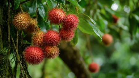 Close-up of vibrant red rambutan fruits hanging from a green tree branch, showcasing their spiky texture and lush surroundings, perfect for depicting tropical freshness.の素材