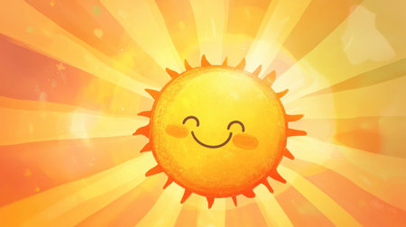 A bright and cheerful illustration of a smiling sun surrounded by radiant rays in warm orange hues, perfect for conveying happiness and positivity in various designs.の素材