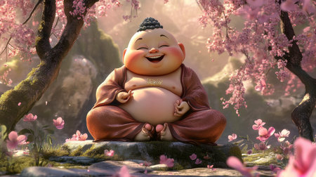 A joyful character smiles serenely in a tranquil garden filled with blooming cherry blossoms, exuding warmth and happiness in this enchanting scene.の素材