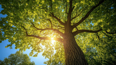 A vibrant image capturing sunlight filtering through a lush green tree canopy. This scene evokes a sense of serenity and connection to nature, ideal for promoting relaxation and outdoor activities.の素材
