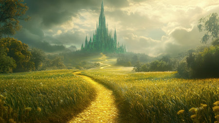 A breathtaking view of a vibrant pathway winding through lush fields, leading to a majestic castle set against a dramatic sky, inviting a sense of adventure.の素材