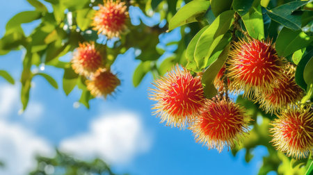 A stunning depiction of ripe rambutan fruits hanging from lush green tree branches under a sunny sky, showcasing their vibrant hues and unique texture.の素材