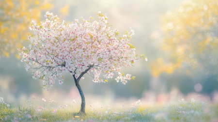 A stunning cherry blossom tree stands gracefully in a tranquil spring landscape, showcasing delicate pink flowers and surrounded by a serene environment.の素材