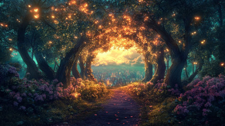 Discover a captivating forest pathway illuminated by soft glowing lights, framed by vibrant flowers and lush greenery, creating an enchanting atmosphere.の素材