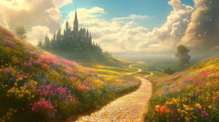 A stunning pathway winds through vibrant flowers, leading to an enchanting castle on a distant hill, under a breathtaking sky filled with clouds.の素材
