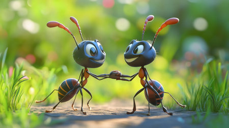 Two joyful cartoon ants embrace in a lush garden, showcasing friendship and happiness. This vibrant scene highlights nature's beauty and playful interactions.の素材