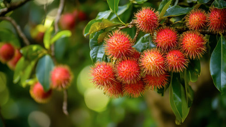 Lush rambutan fruits exhibit a vibrant red hue amidst green leaves, showcasing their exotic appeal and richness. Ideal for tropical-themed projects.の素材