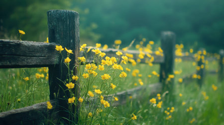 A serene scene featuring vibrant wildflowers blooming along a rustic wooden fence in a lush green field, embodying the beauty of nature in summer.の素材