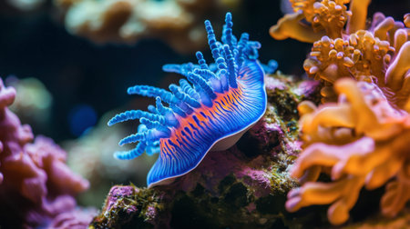 Experience the vibrant beauty of an underwater coral reef, showcasing vivid blue and orange colors amidst a rich marine ecosystem. An enchanting marine life scene.の素材