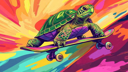 This striking illustration features a colorful turtle skateboarding against a vibrant abstract backdrop. The artwork captures a playful spirit, blending wildlife with urban leisure.の素材