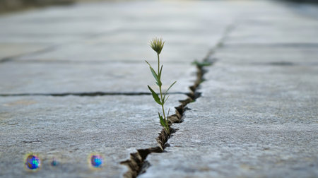 A delicate flower defies the odds as it grows through a crack in stone pavement, symbolizing resilience and the beauty of nature's persistence.の素材