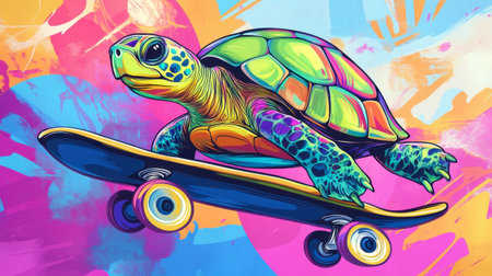 A vibrant illustration of a colorful turtle skating on a skateboard, showcasing a playful blend of modern art style with bright colors and dynamic motion. Perfect for youth-oriented designs.の素材