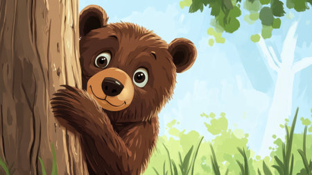 Adorable cartoon bear peeking from behind a tree in a lush nature scene. The cheerful bear captures a playful spirit among greenery and sunshine.の素材
