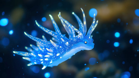 A stunning blue sea slug glides gracefully through the ocean depths, surrounded by sparkling bubbles, illustrating the beauty and diversity of marine life.の素材