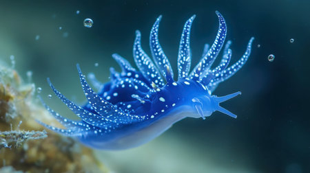A stunning blue sea slug glides gracefully through its ocean habitat, showcasing vibrant colors and intricate patterns. This close-up captures the beauty of marine life.の素材