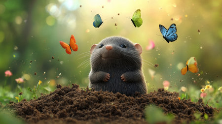 A delightful scene featuring a charming mouse surrounded by colorful butterflies in a lush garden. This whimsical moment captures the beauty of nature and joyful innocence.の素材