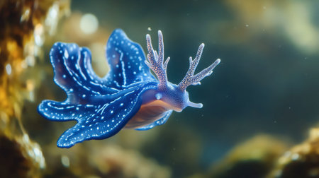 A stunning blue sea slug gracefully swims through a vibrant coral reef, showcasing its exquisite details and colors in an underwater paradise.の素材