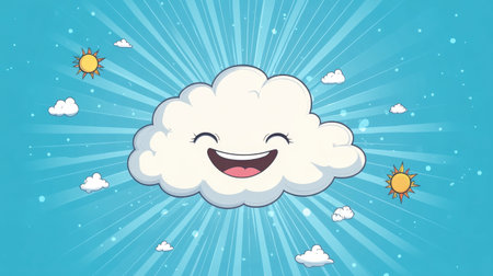 A joyful illustration featuring a smiling cloud surrounded by sun rays and small clouds in a bright blue sky. Perfect for cheerful designs and positive themes.の素材