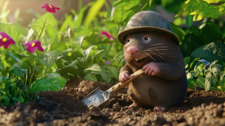 An adorable cartoon mole with a helmet digs in a vibrant garden filled with lush green plants and colorful flowers, evoking a playful outdoor scene.の素材