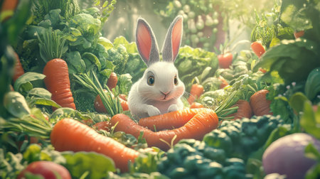 A cute rabbit sits amidst fresh vegetables like carrots in a vibrant garden. This charming scene captures the essence of nature, playfulness, and serenity.の素材