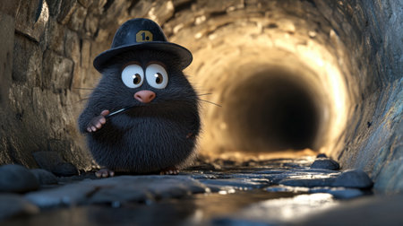 A charming cartoon creature with fluffy fur and big eyes stands in a dark tunnel, creating an inviting and whimsical atmosphere for storytelling.の素材