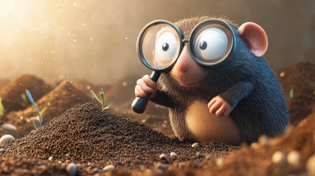 A playful cartoon character examines soil with a magnifying glass, embodying curiosity and joy. Perfect for themes of discovery, growth, and imagination in animation and nature.の素材
