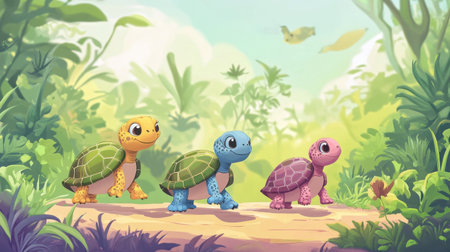 Three animated turtles in vibrant colors stroll along a path in a lush jungle setting. The scene captures adventure and joy, ideal for children's themes.の素材