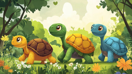 This vibrant illustration features playful cartoon turtles exploring a lush green forest, surrounded by colorful flowers and bathed in warm sunlight. Perfect for children's themes!の素材