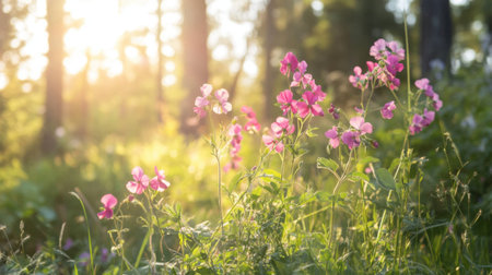 A peaceful scene featuring pink wildflowers illuminated by warm sunlight in a lush green forest. This image captures the beauty of nature during springtime.の素材