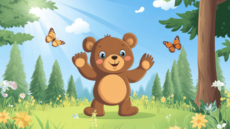 A vibrant cartoon bear stands joyfully in a sunny forest meadow, surrounded by colorful flowers and fluttering butterflies, perfect for children's themes.の素材