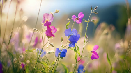 A stunning display of vibrant wildflowers in a serene meadow, showcasing delicate petals in shades of pink, blue, and violet with a soft, blurred background.の素材
