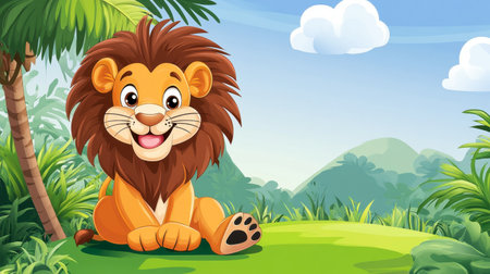 A playful cartoon lion sits happily on a green patch in a vibrant jungle. This cheerful character exudes joy and innocence, perfect for children's themes.の素材