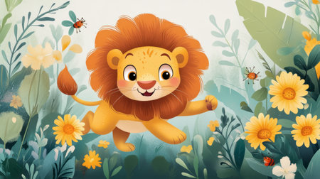 A cheerful cartoon lion playfully runs through a vibrant flower garden. This colorful illustration captures the essence of joy, adventure, and nature, making it perfect for children's content.の素材